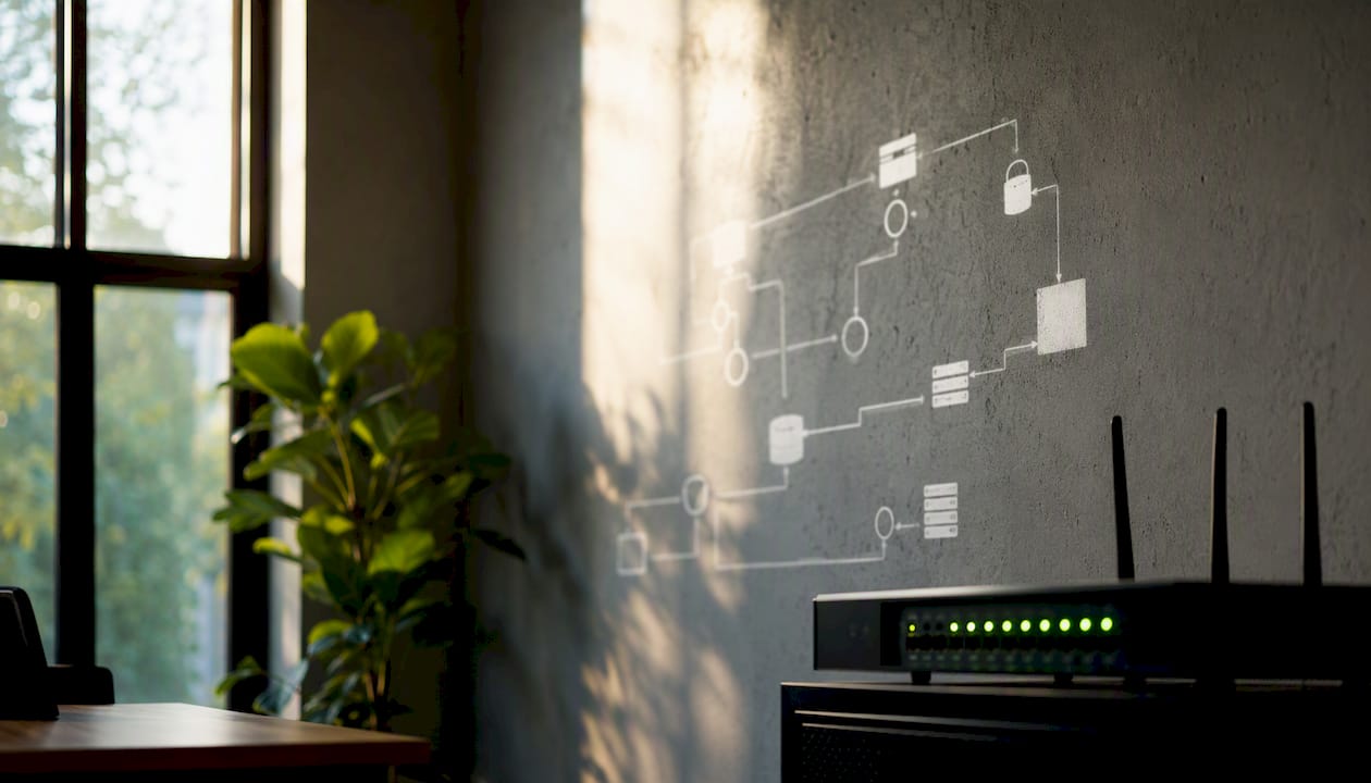 Detaljerad nätverksskiss och router på skrivbordet