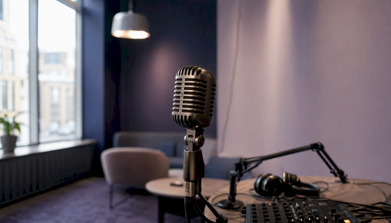 En kreativ musikstudio med coworking-känsla, komplett med mikrofon och stämningsfull belysning.