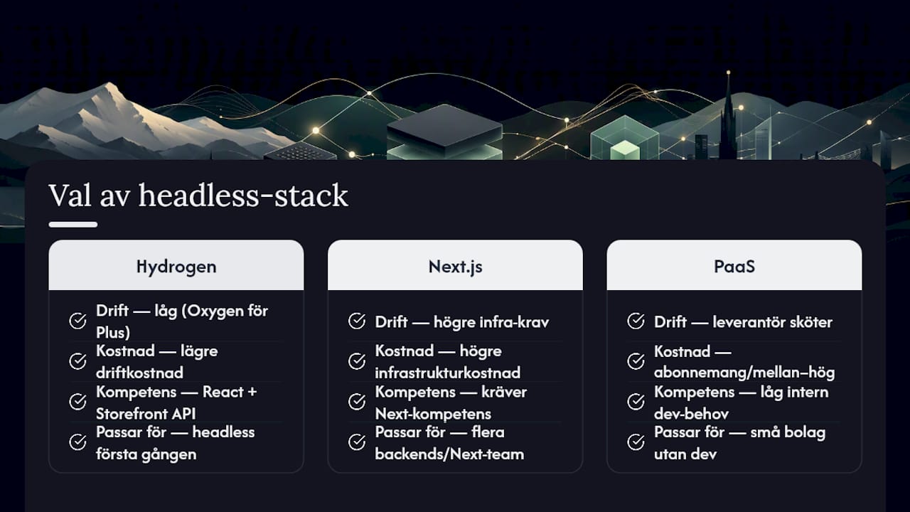 Hydrogen, Next.js eller PaaS: vilken stack ska ni välja? — overview diagram