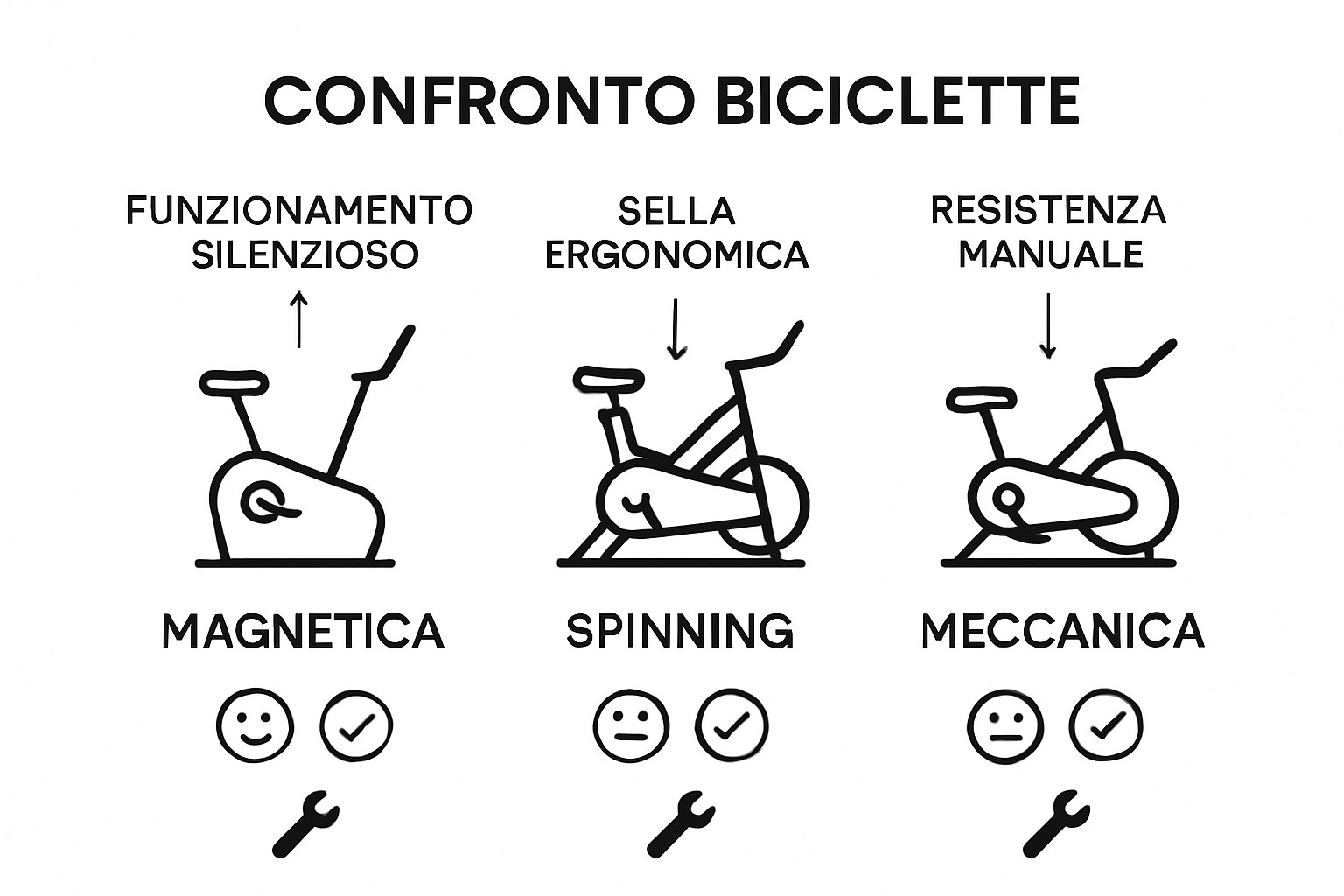 Guida Completa Cyclette Magnetiche: Benefici e Uso Infografica con le principali differenze tra cyclette magnetiche, a volano e a resistenza meccanica