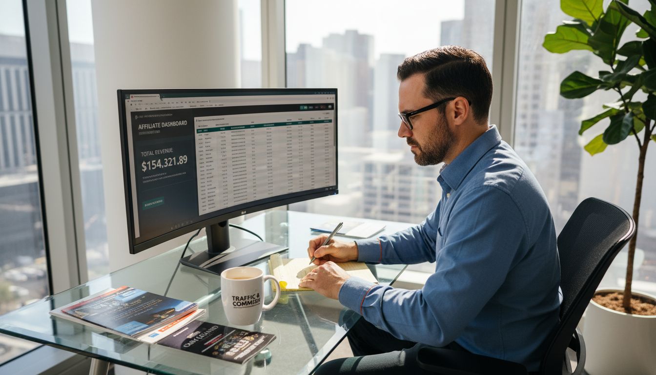 Marketer analyzes casino affiliate dashboards at desk