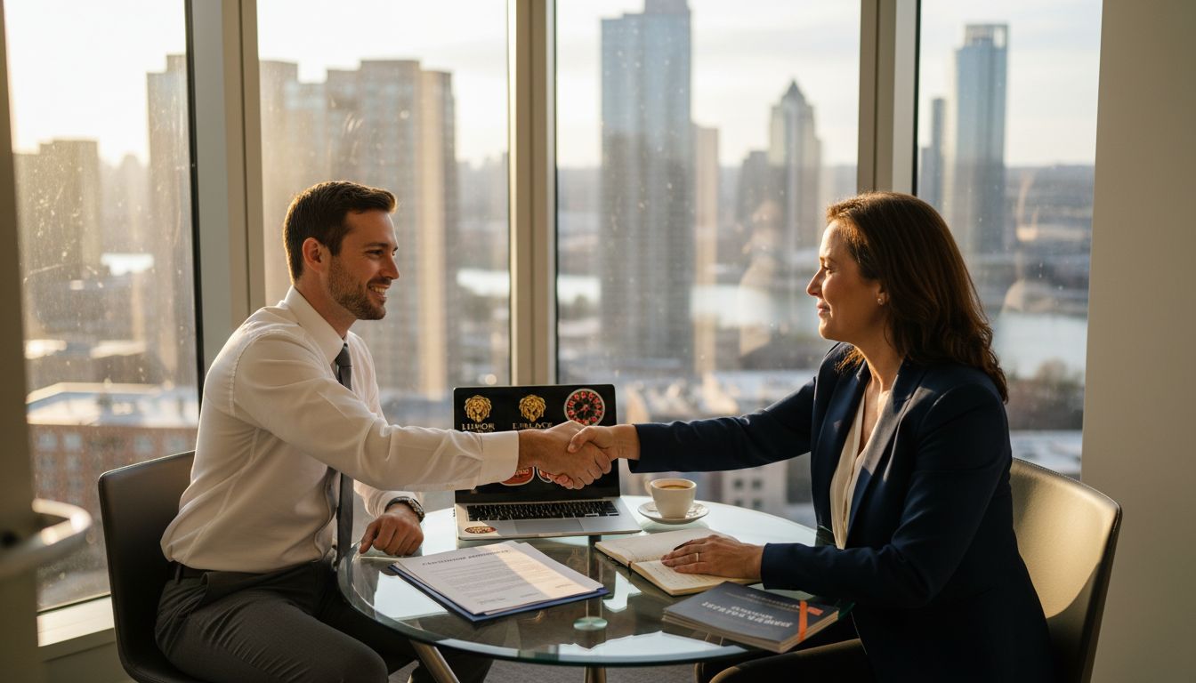 Casino brand affiliate handshake in office