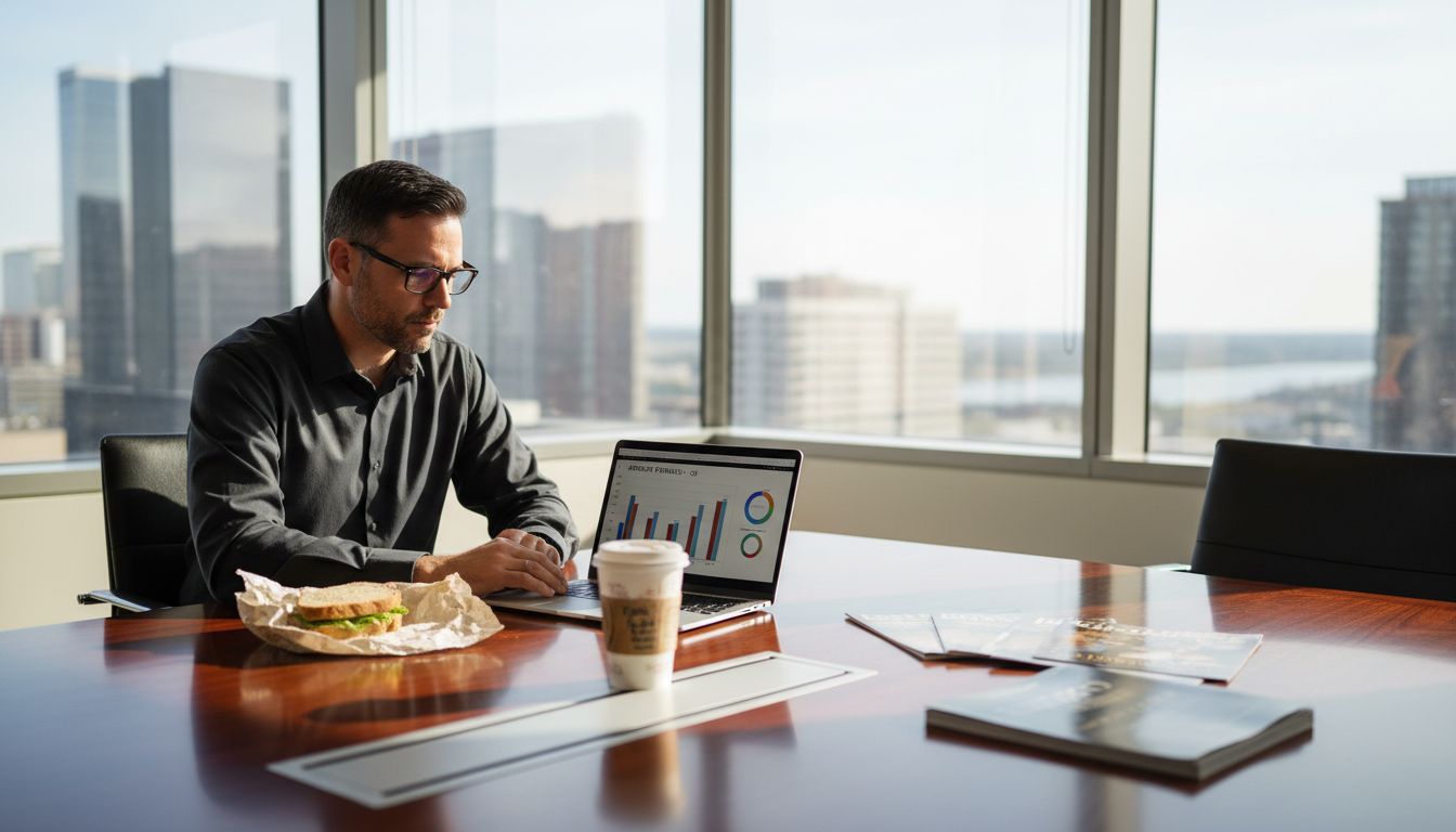 Man reviewing casino affiliate reports in office