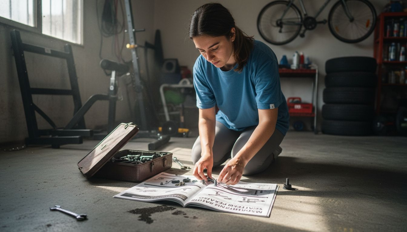 Guida allenamento multifunzione: ottimizza la tua home gym Una donna sta montando degli attrezzi da palestra nel suo garage.