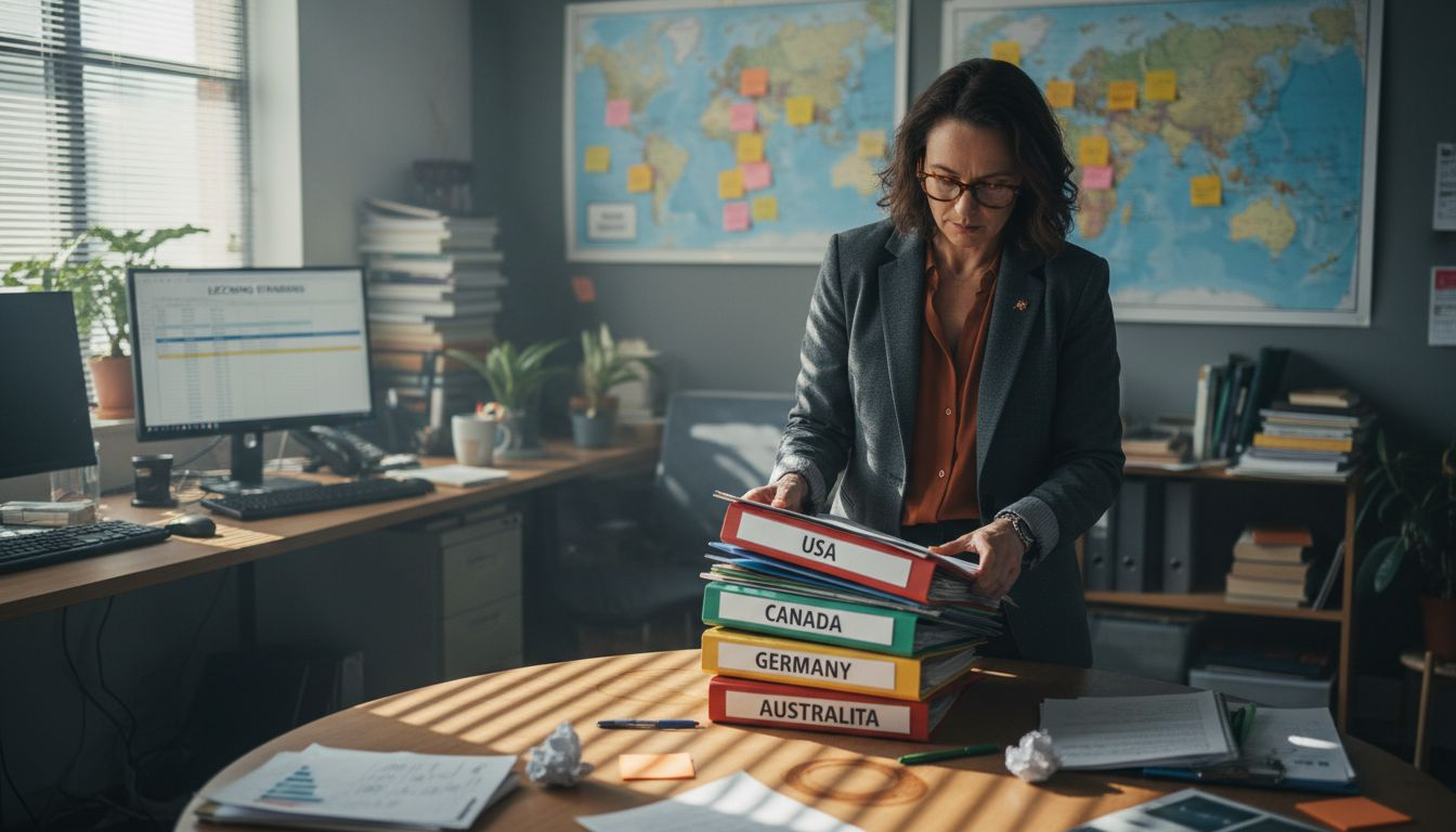 Legal analyst sorting regional regulation folders