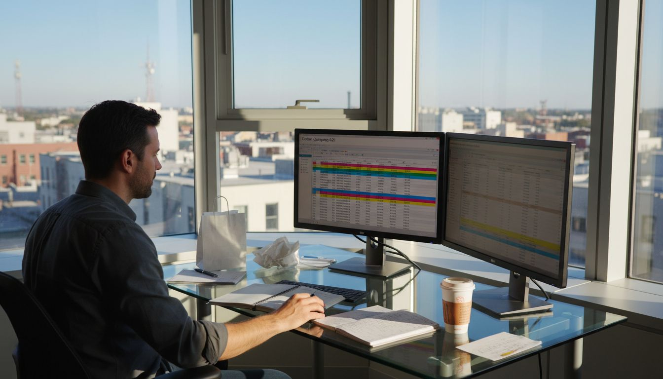 Marketer reviewing casino affiliate analytics on monitors