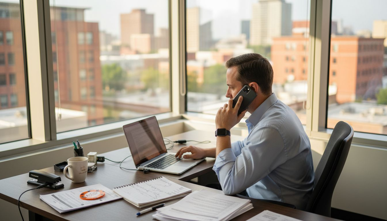 Affiliate-Manager am Schreibtisch mit Laptop und Berichten