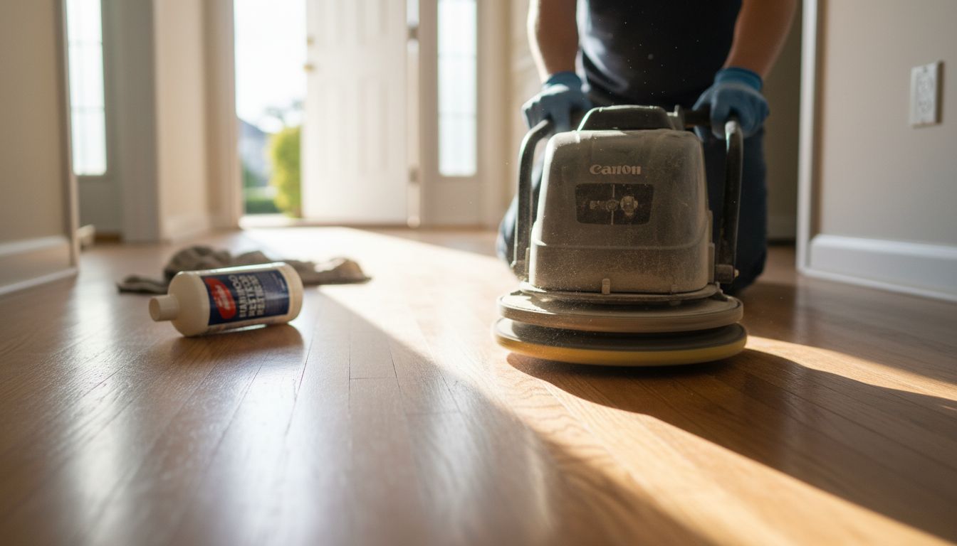 Buffing machine close-up on hardwood floor