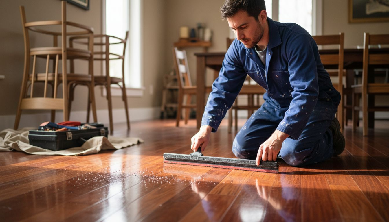 Worker applying finish to prepared wood floor