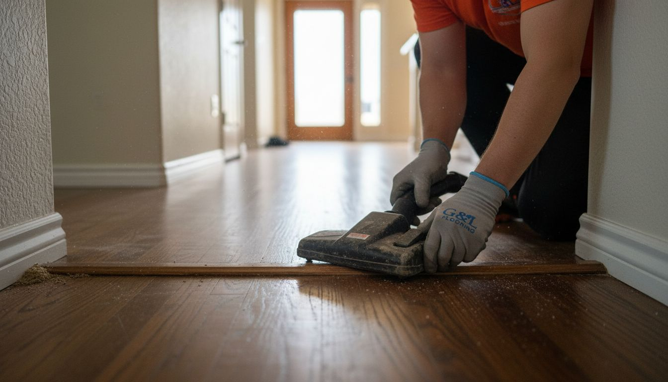 Hands vacuuming between hardwood floor planks