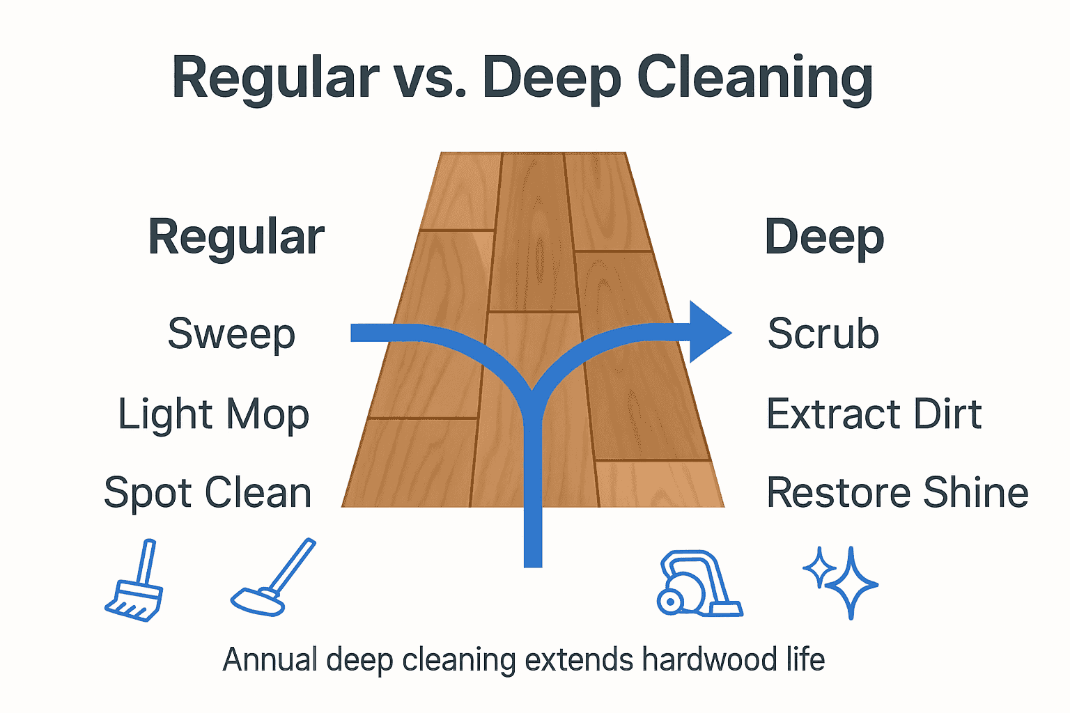 Infographic comparing regular and deep cleaning for hardwood