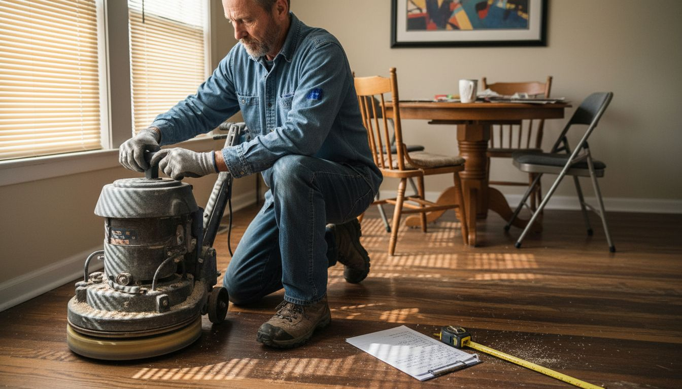 Technician detailing hardwood buffing process