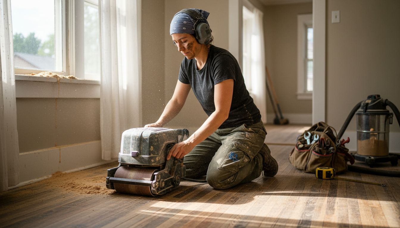 Woman operating drum sander in Denver living room
