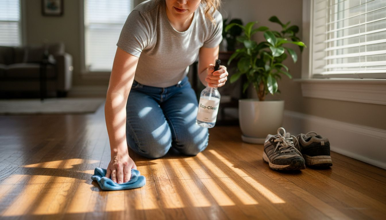 Woman cleaning hardwood floor with eco-friendly products