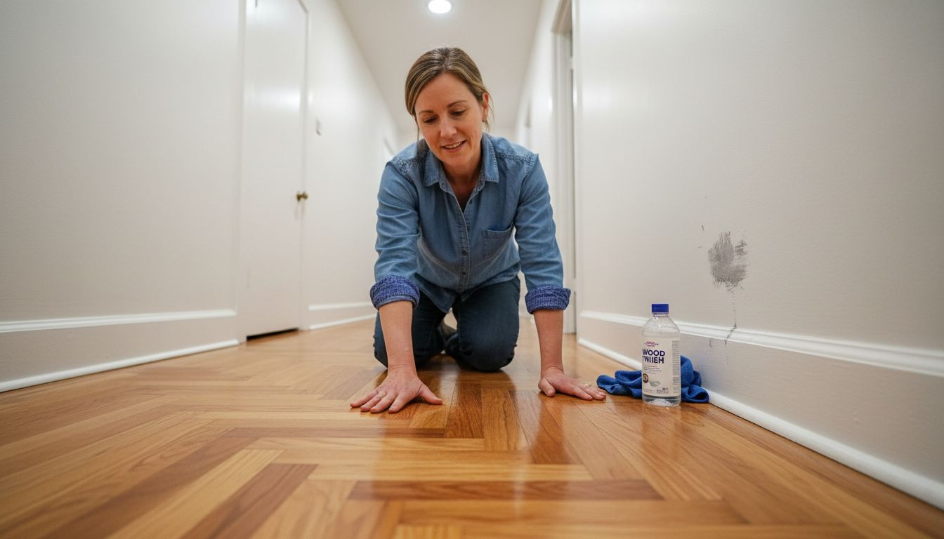 Homeowner examining restored hardwood floor