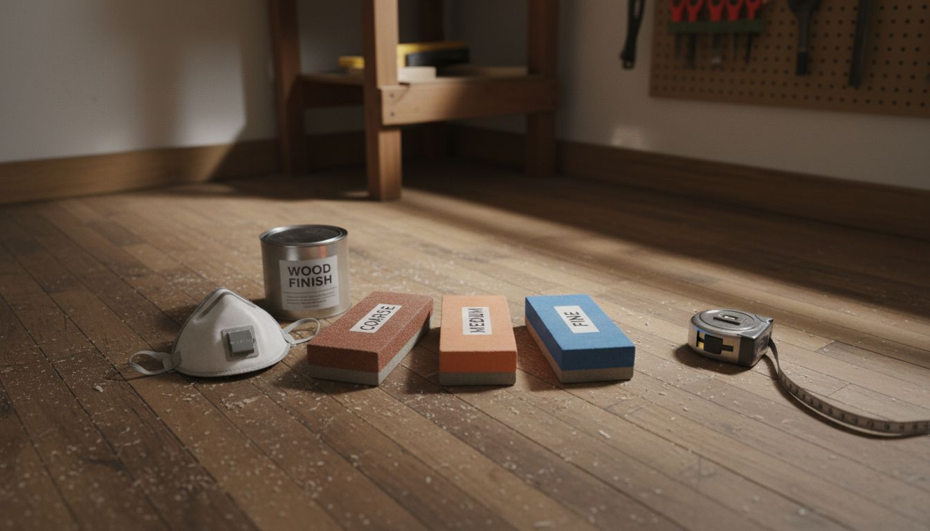 Sanding blocks and tools on worn hardwood floor