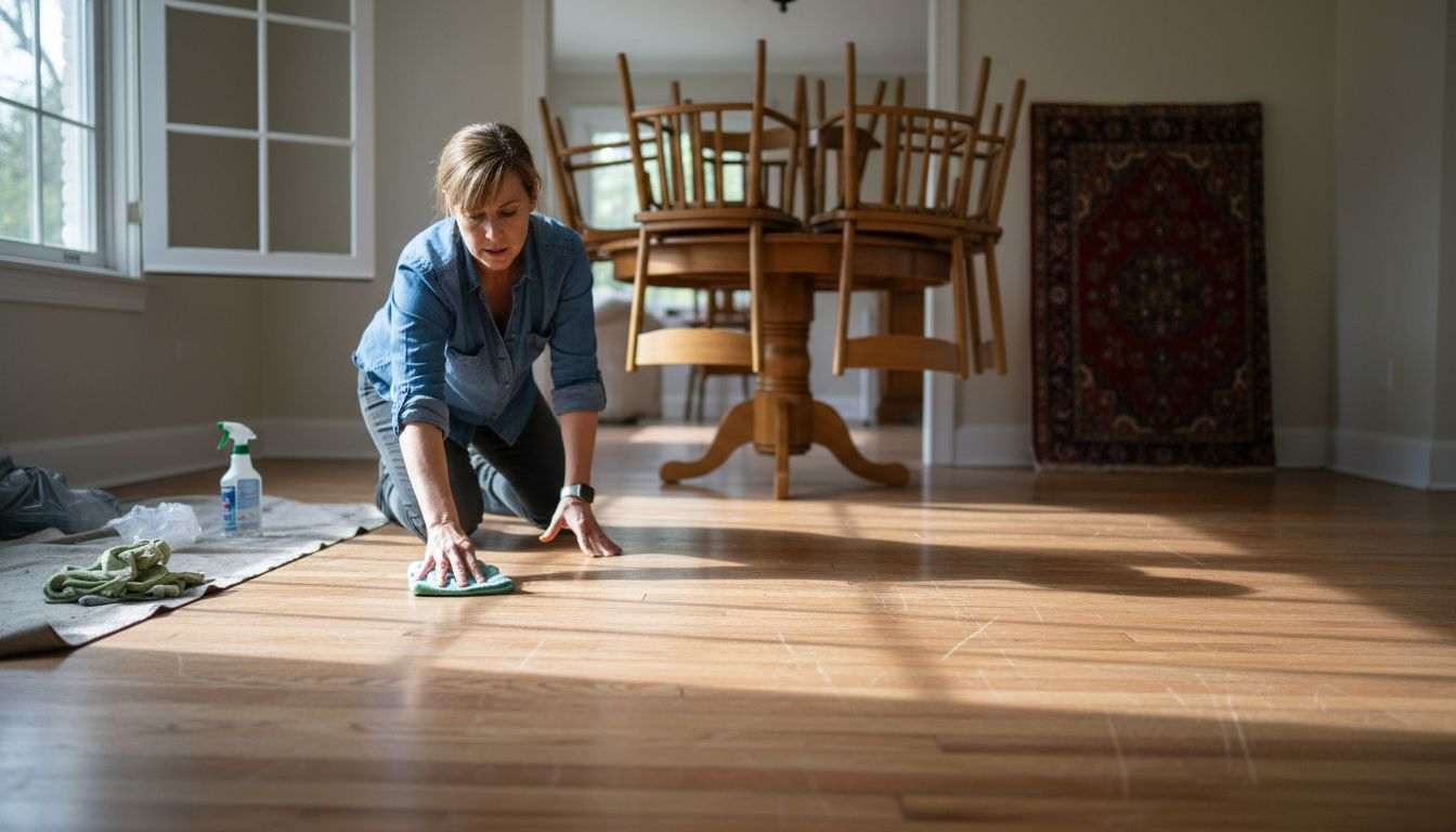 Cleared room with hardwood floor prepped