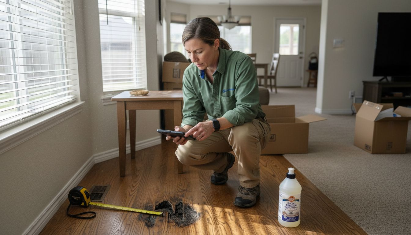 Professional inspecting damaged hardwood floor