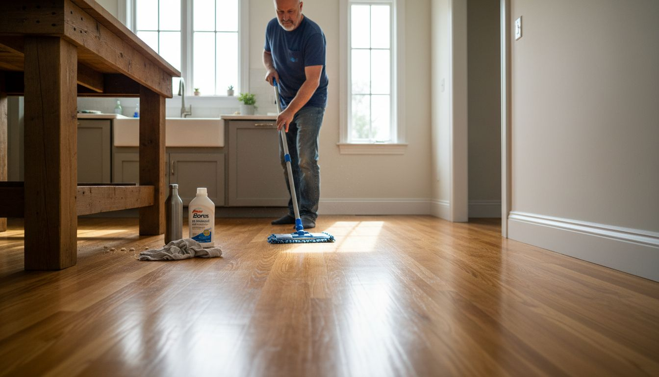 Man mopping messy hardwood kitchen floor