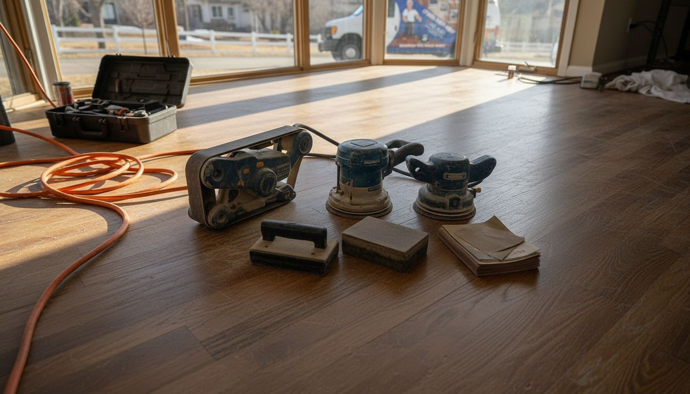 Different sanding tools on hardwood floor