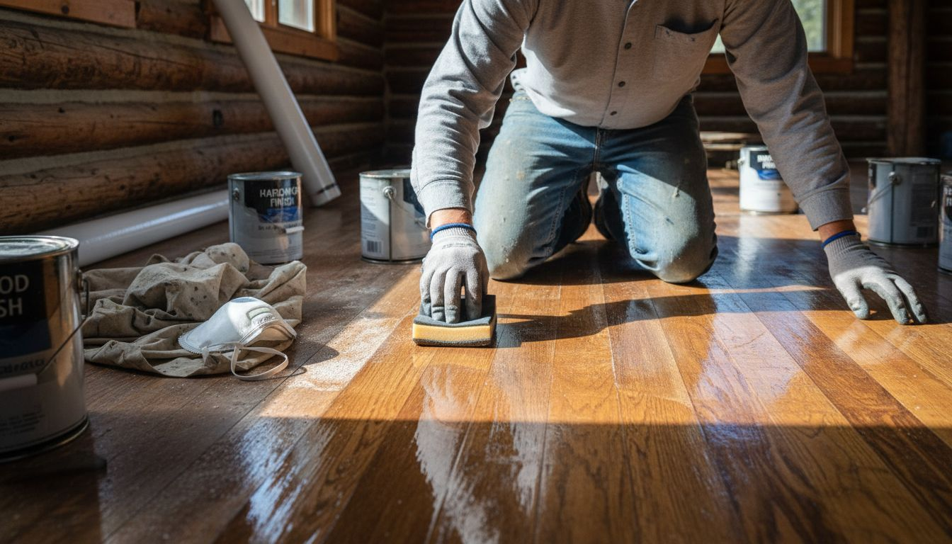 Applying protective finish on wood floor layers