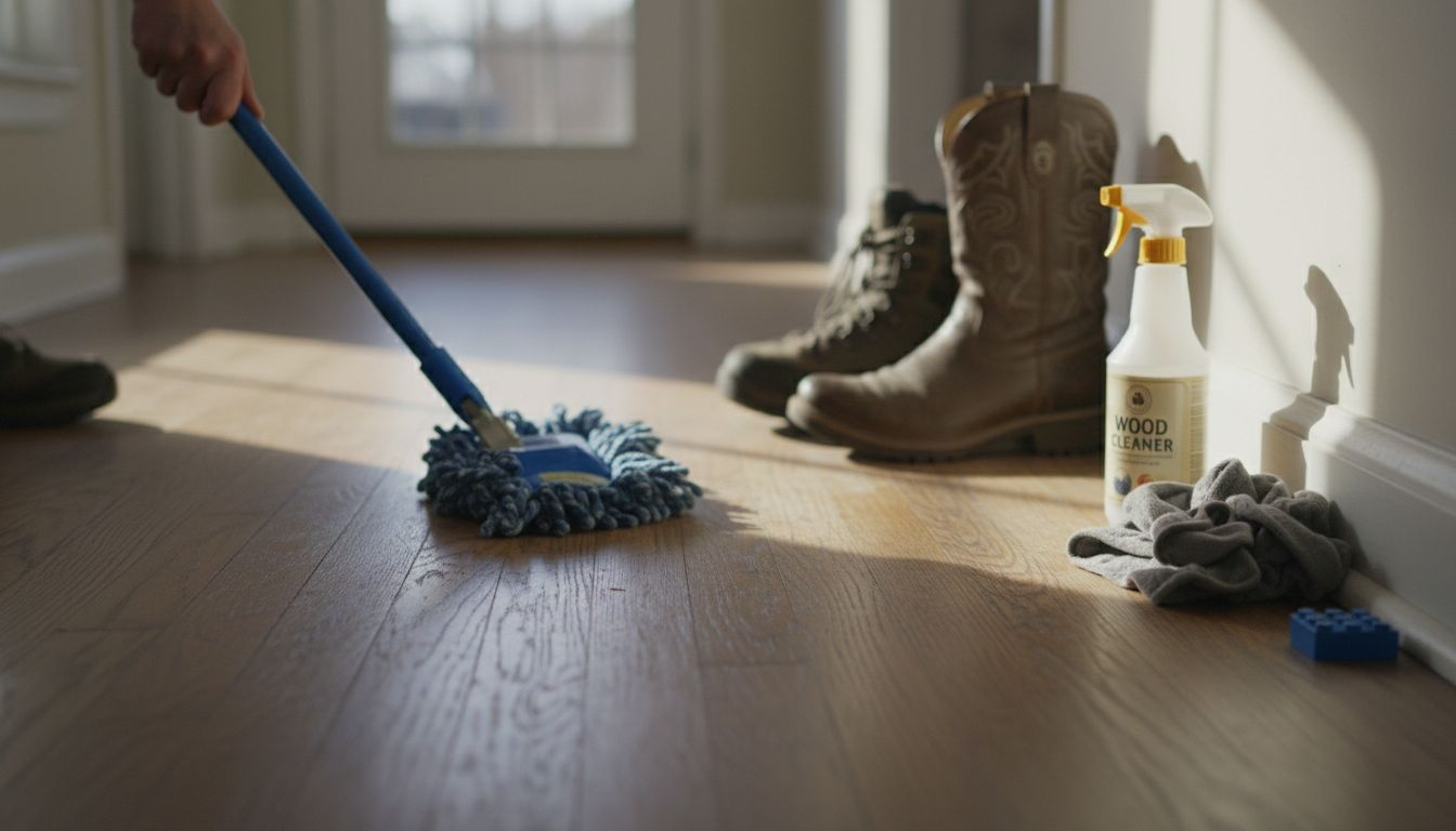 Close-up cleaning wood floor with microfiber