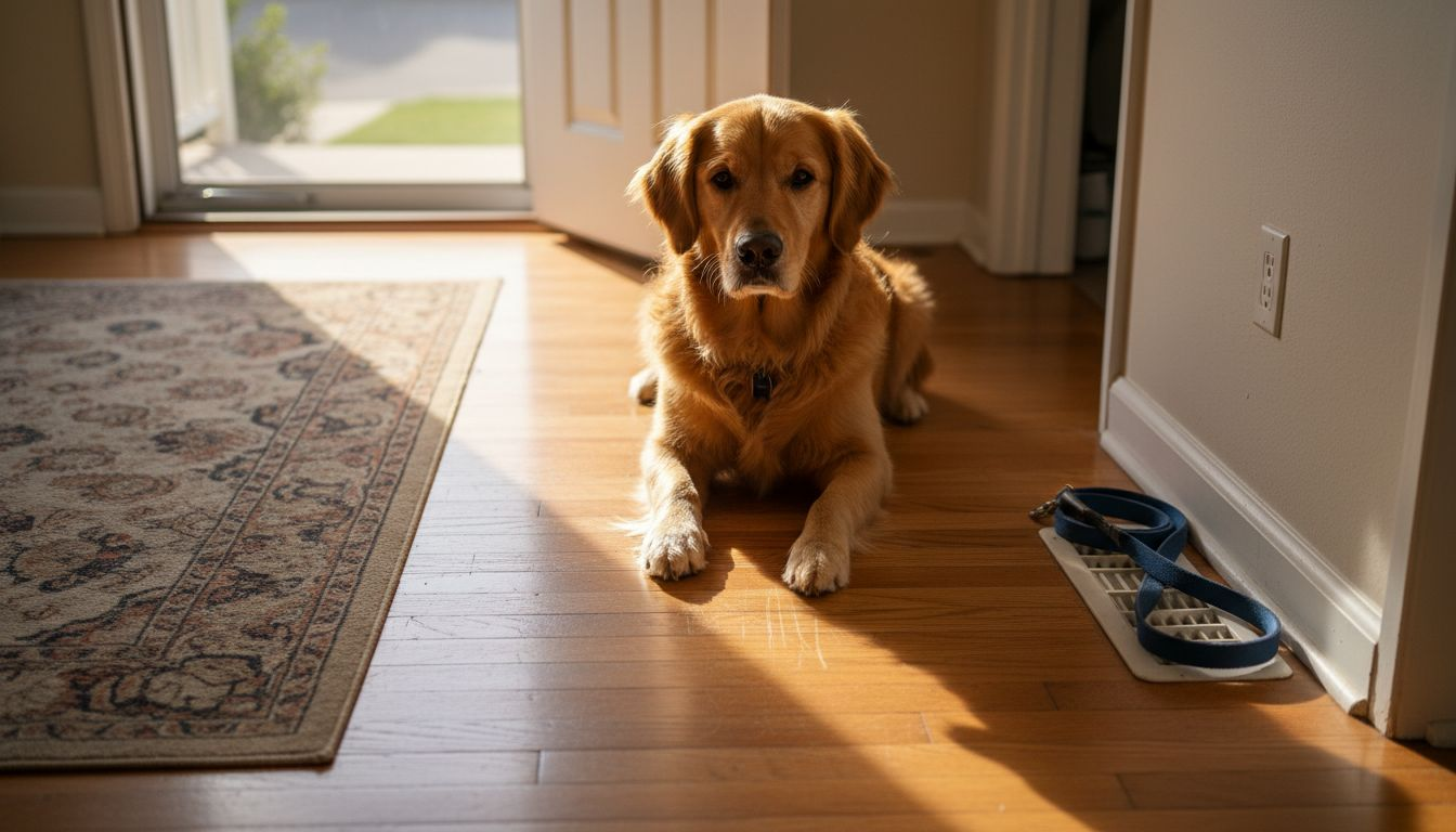 Dog near scratched hardwood floor in hallway