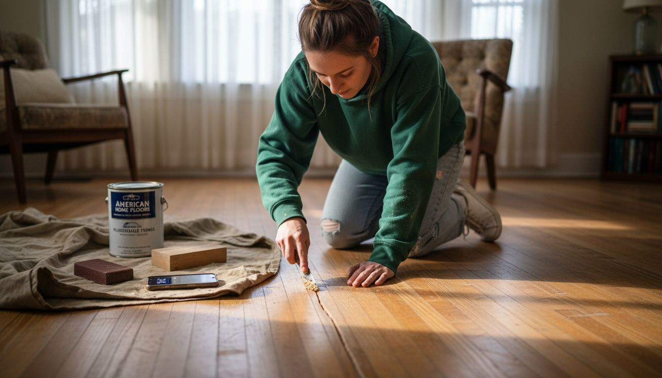 Woman repairing hardwood floor with filler and tools