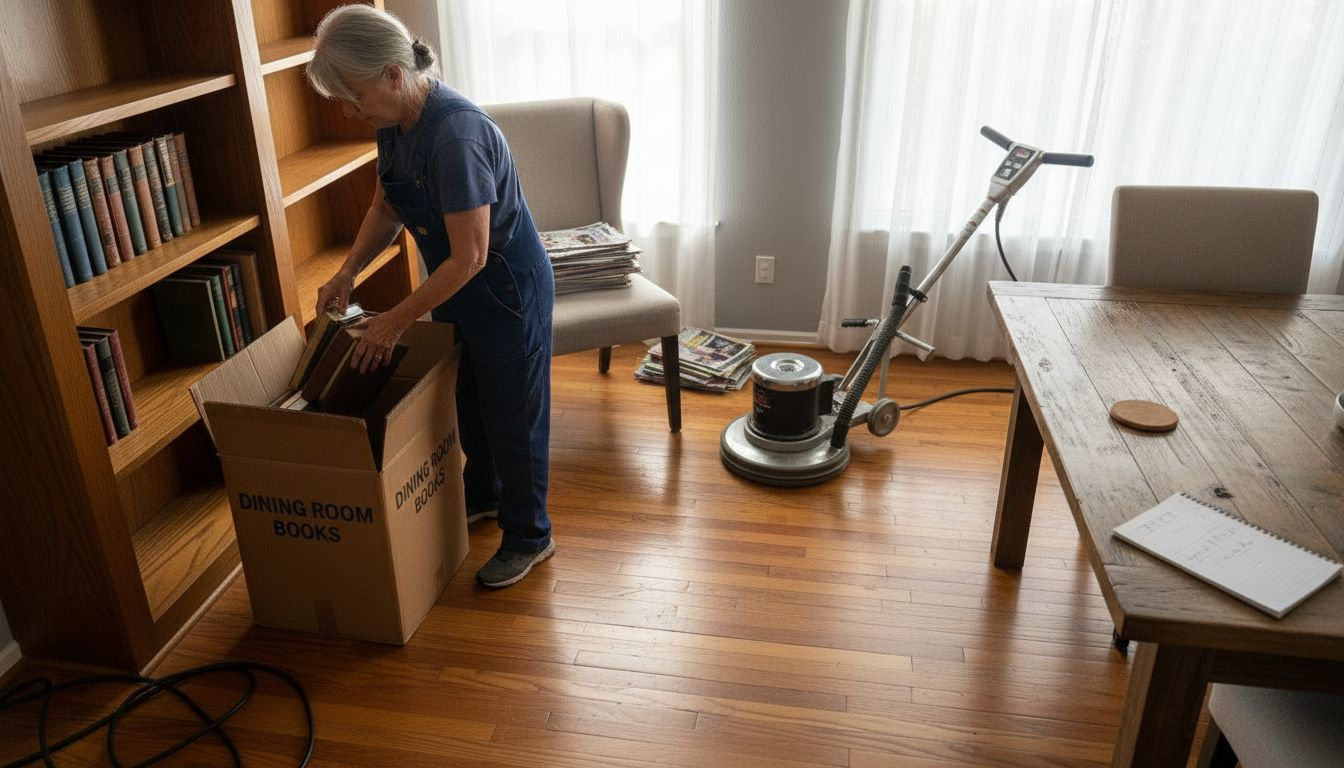Senior woman clearing room for refinishing work