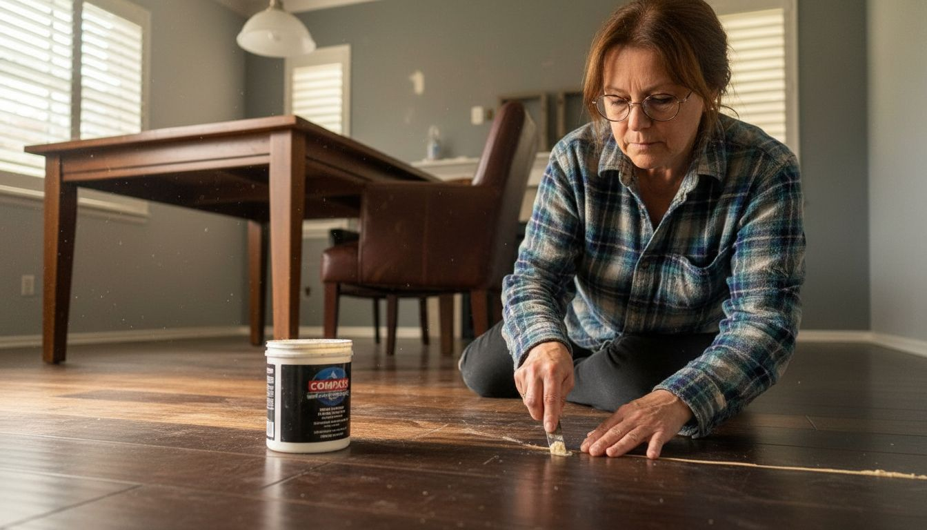 Applying wood filler to floor crack