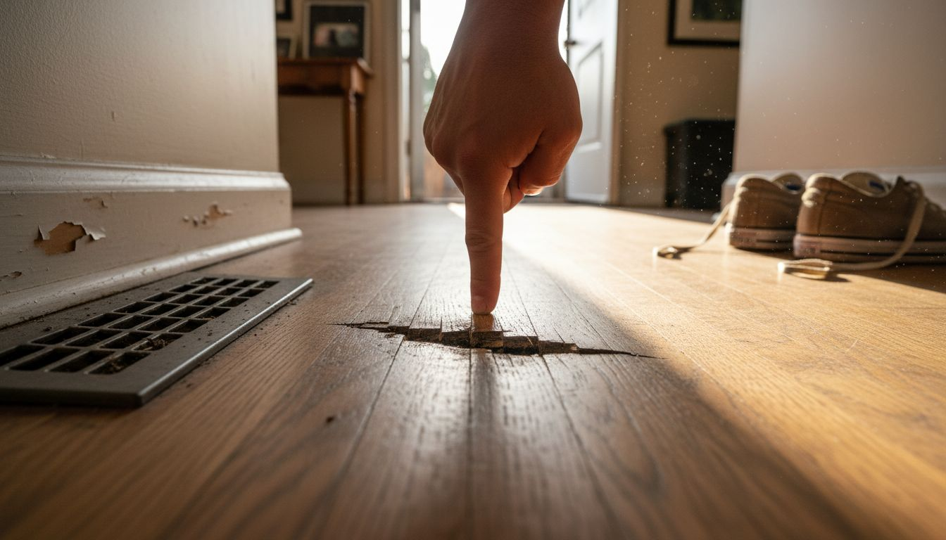Closeup of floor damage and hand pointing