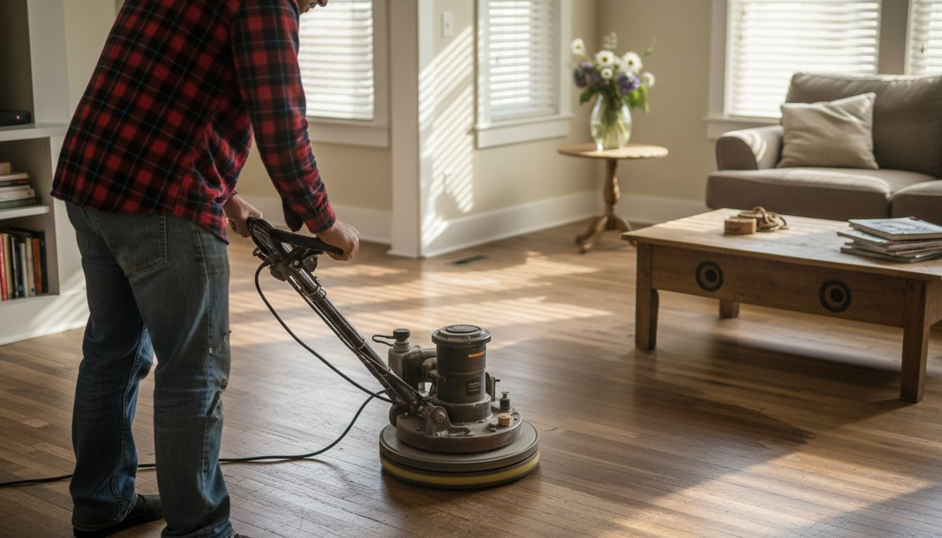 Person deep cleaning hardwood living room floor