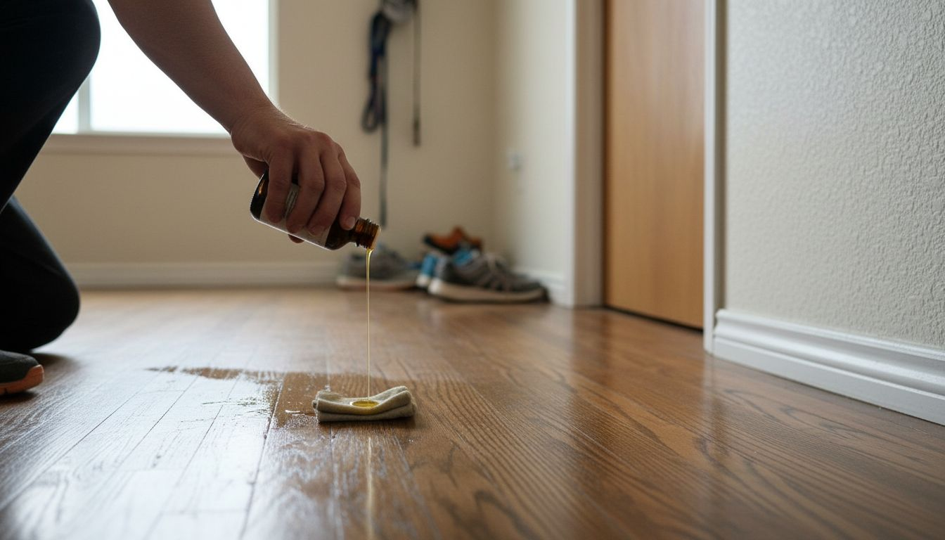 Hand applying oil finish to worn flooring