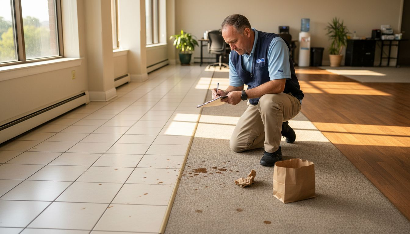 Manager inspecting office floor transition
