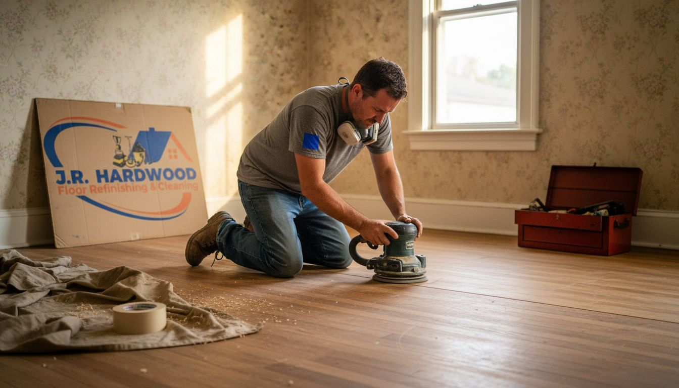 Technician sanding hardwood floor in Denver home