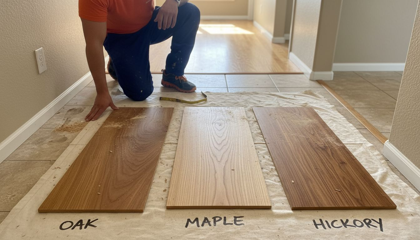 Installer comparing labeled hardwood floor samples