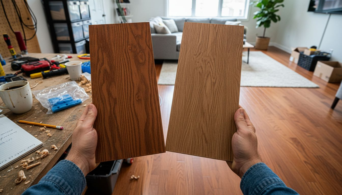 Hands holding hardwood and laminate samples