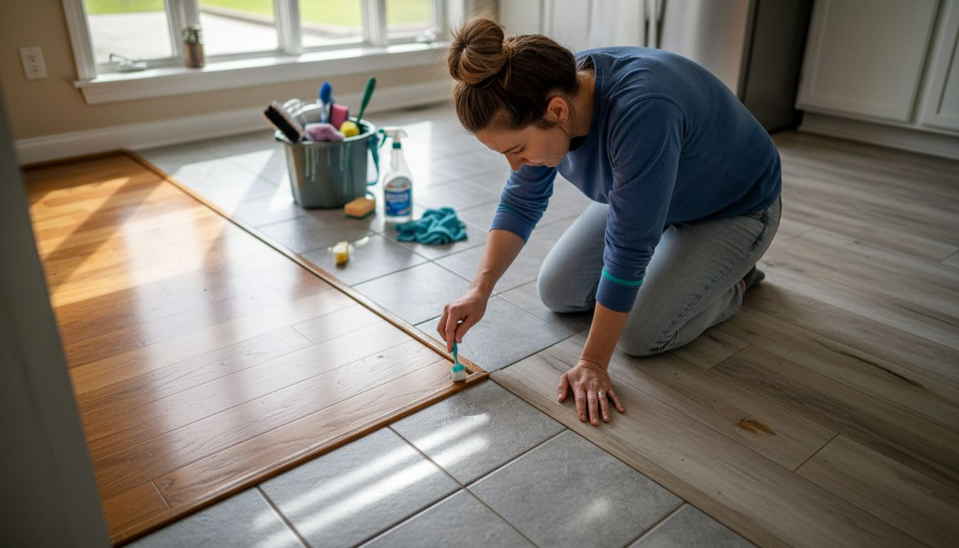 Woman cleaning hardwood, tile, and laminate floor sections