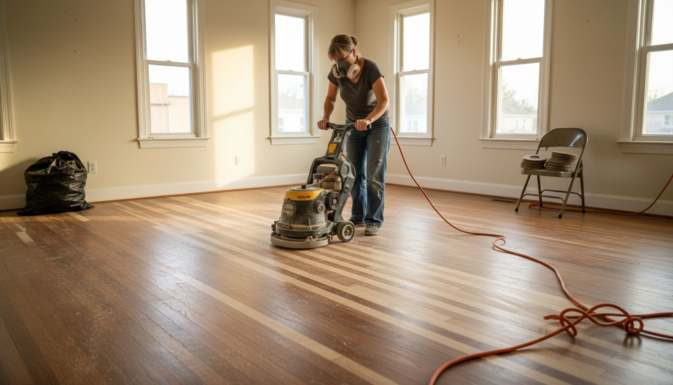 Woman sanding hardwood floor with machine