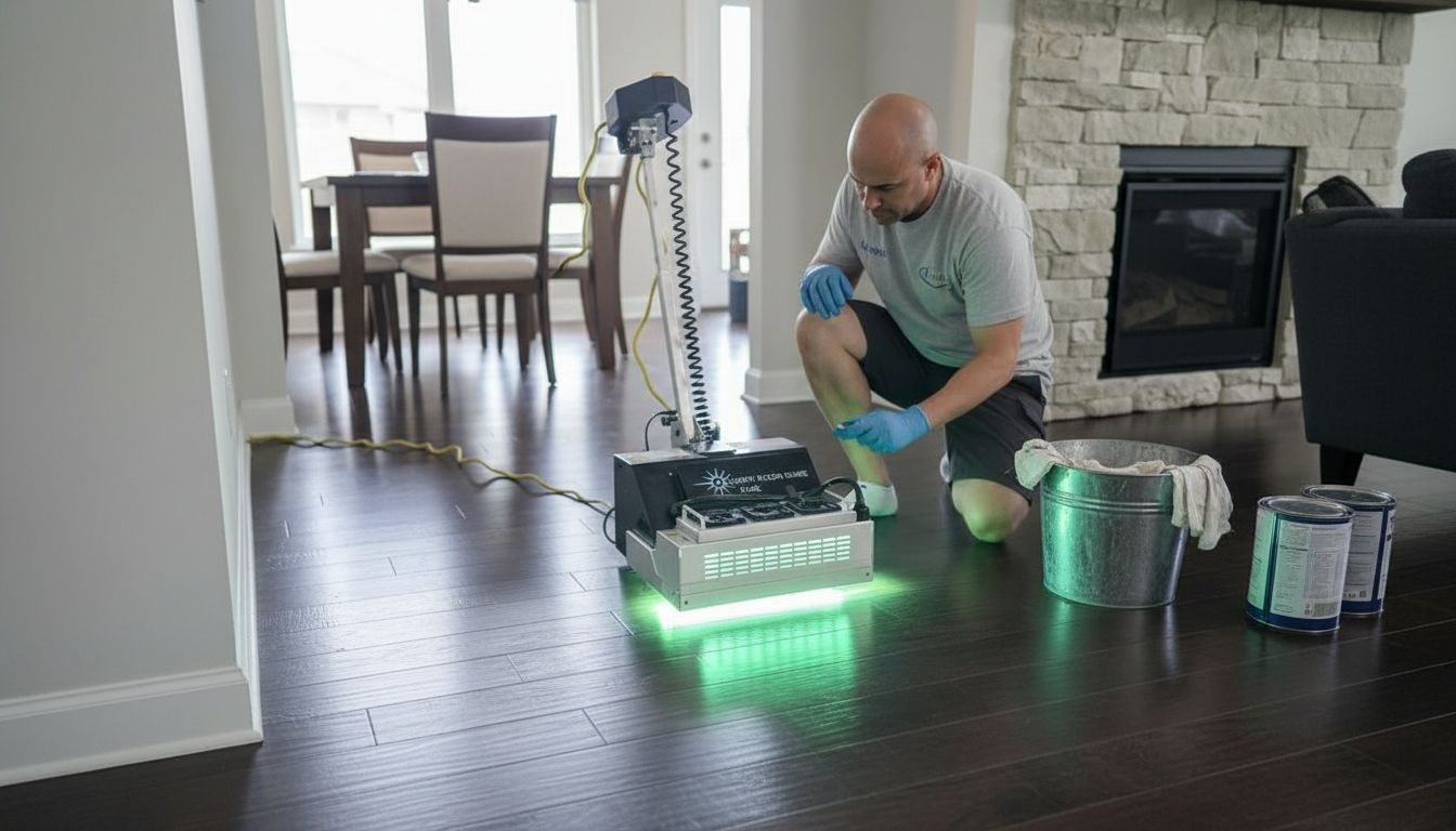 Technician applying UV finish to hardwood