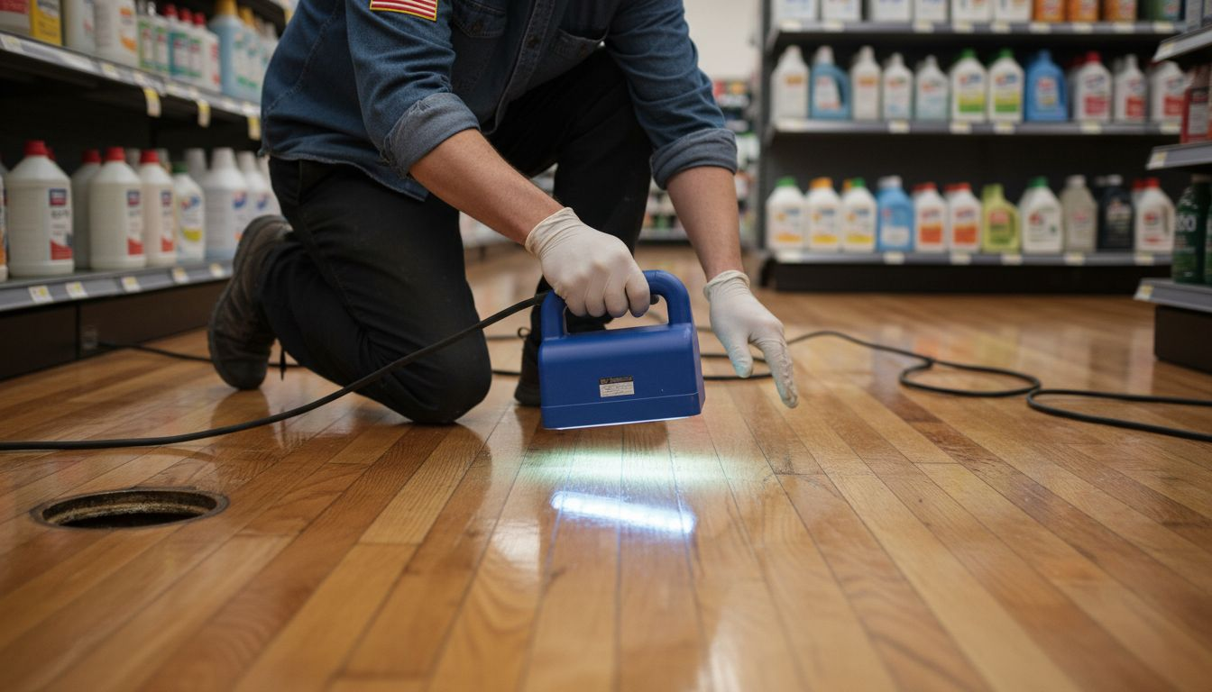 Technician applying UV cure finish to floor