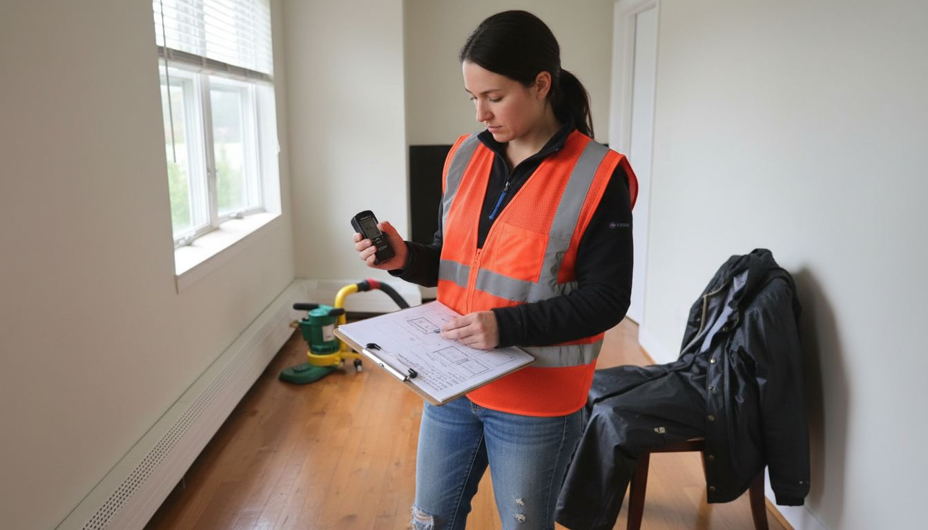 Contractor checking humidity in refinished floor hall