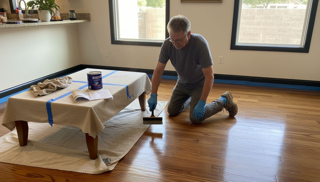 Homeowner applying finish to hardwood floor