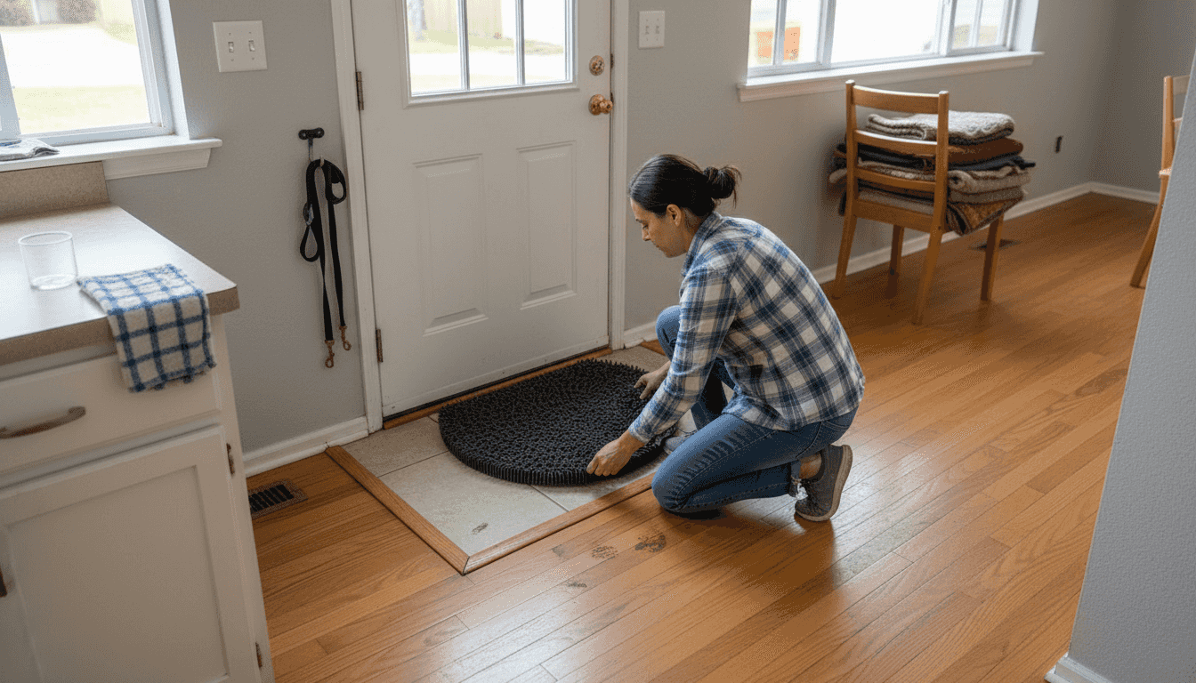Homeowner installing doormat for floor care