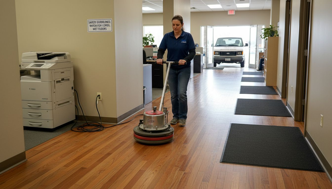 Cleaning hardwood floor with commercial buffer