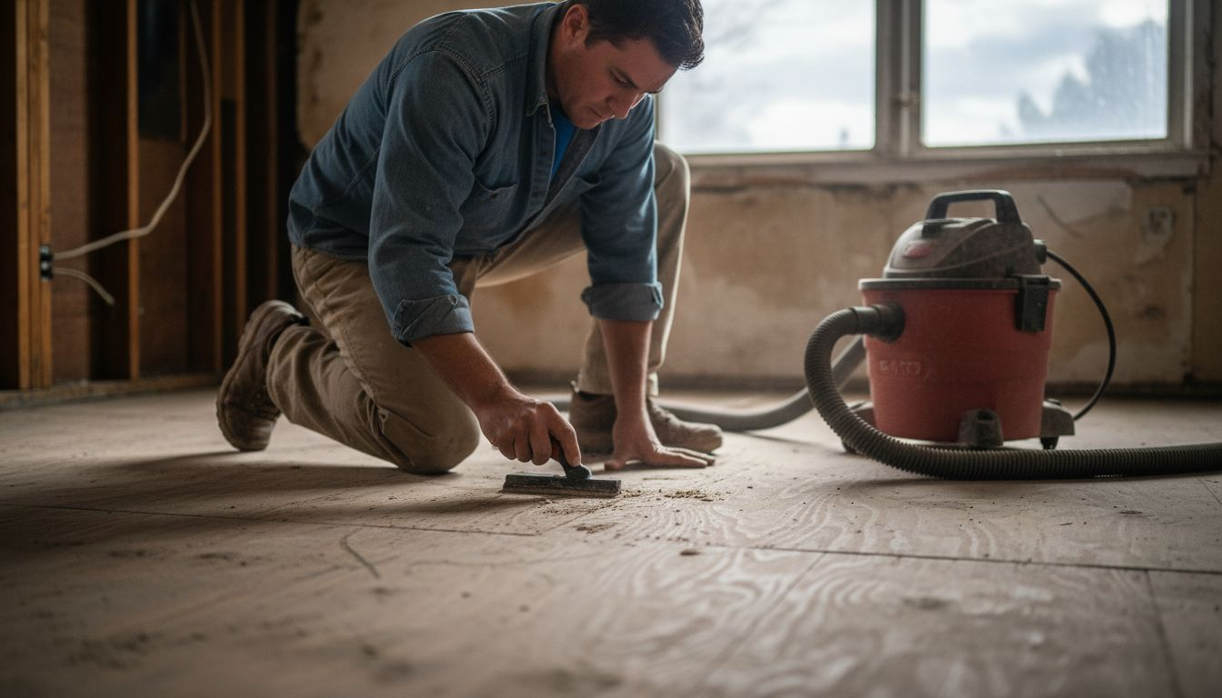 Contractor scraping subfloor in old Colorado home