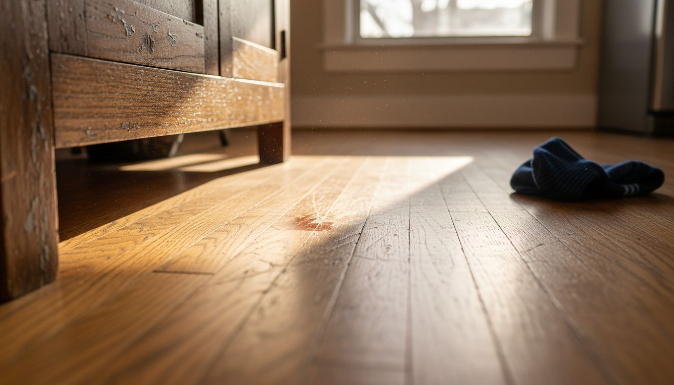 Closeup of scratched, dull hardwood floor