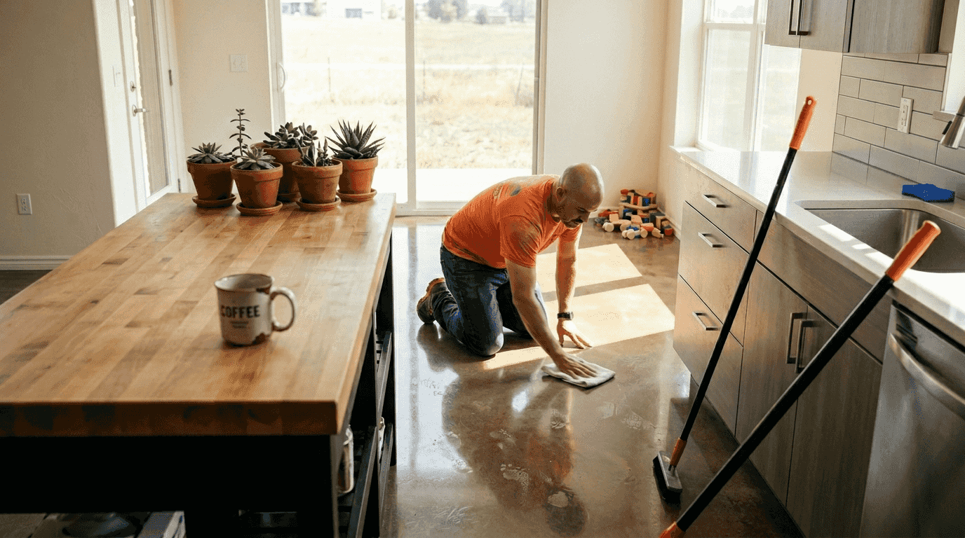 Man cleaning polished concrete kitchen floor