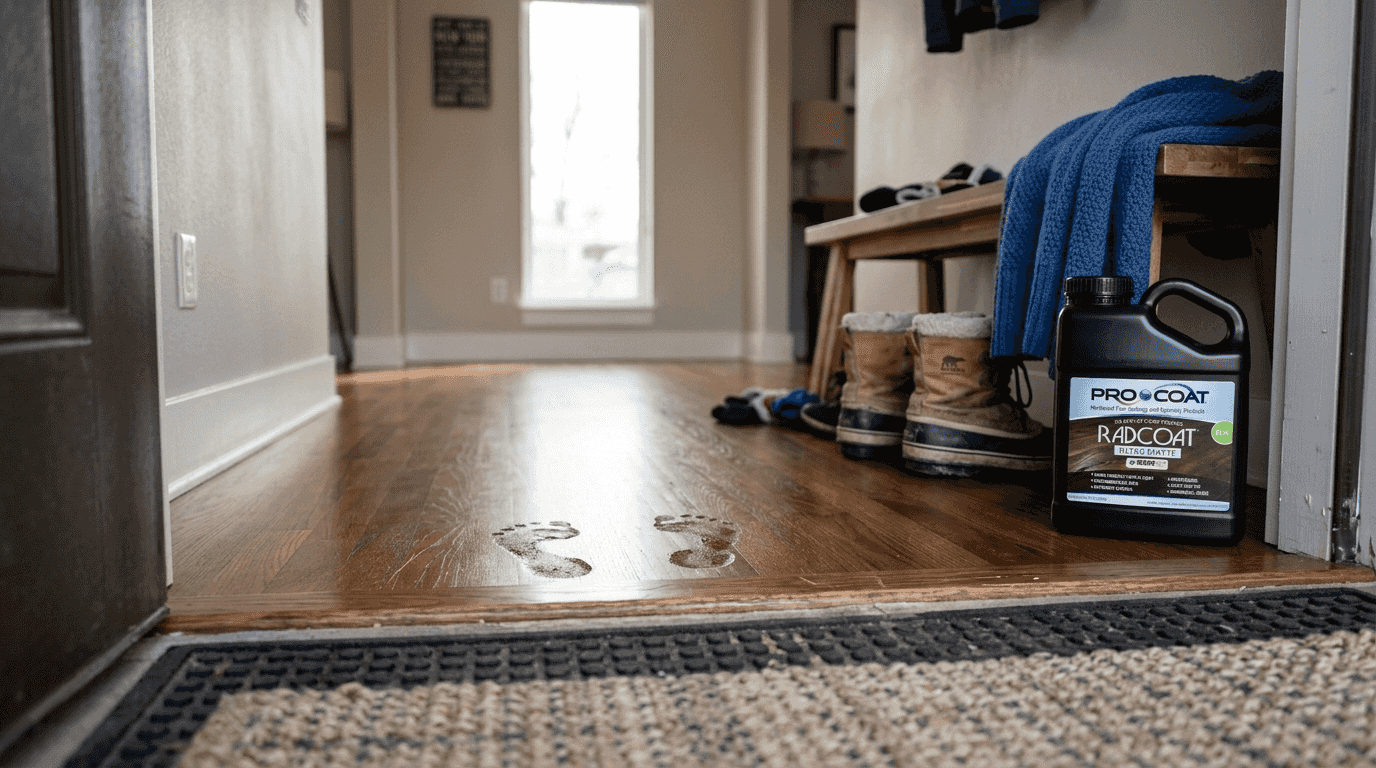 Entry mat protecting hardwood by front door
