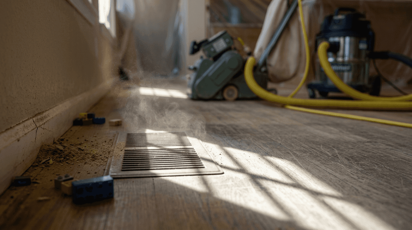 Dust control system during floor sanding in Colorado home